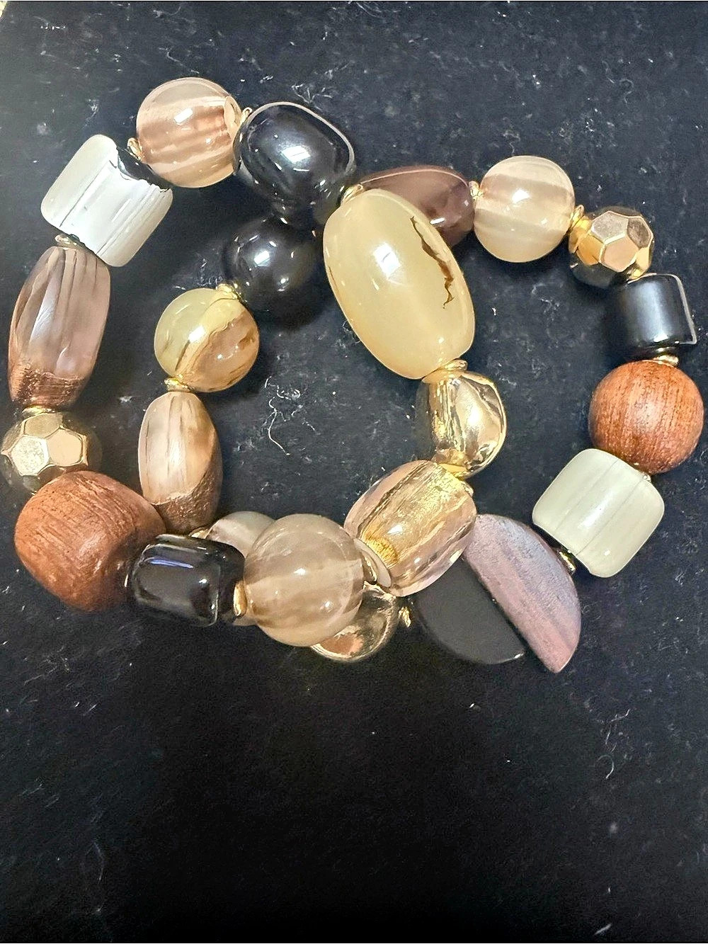 Chico’s Beaded Stretch Bracelet in Brown & Gold NWOT